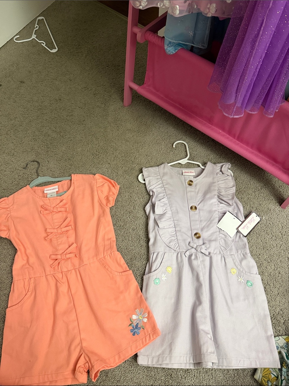 Little Lass Coral Bow Romper and Lavender Ruffle Dress Set
